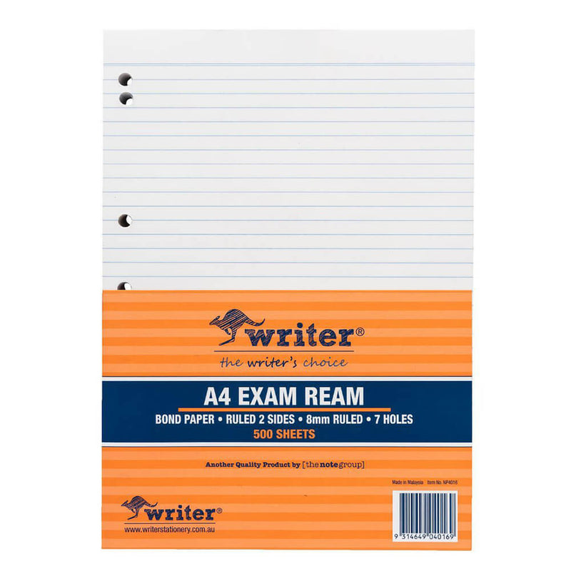 Writer Papier d'examen ligné A4 8 mm avec marge (55 g/m²)